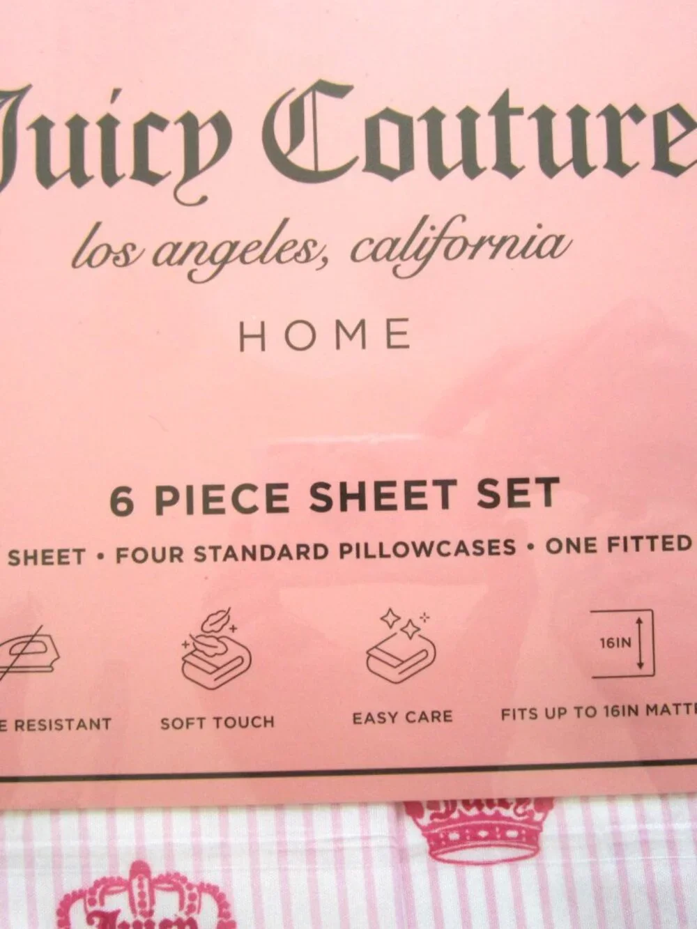 Juicy Couture Pink Stripe Crown 6 Piece Queen Sheet Set